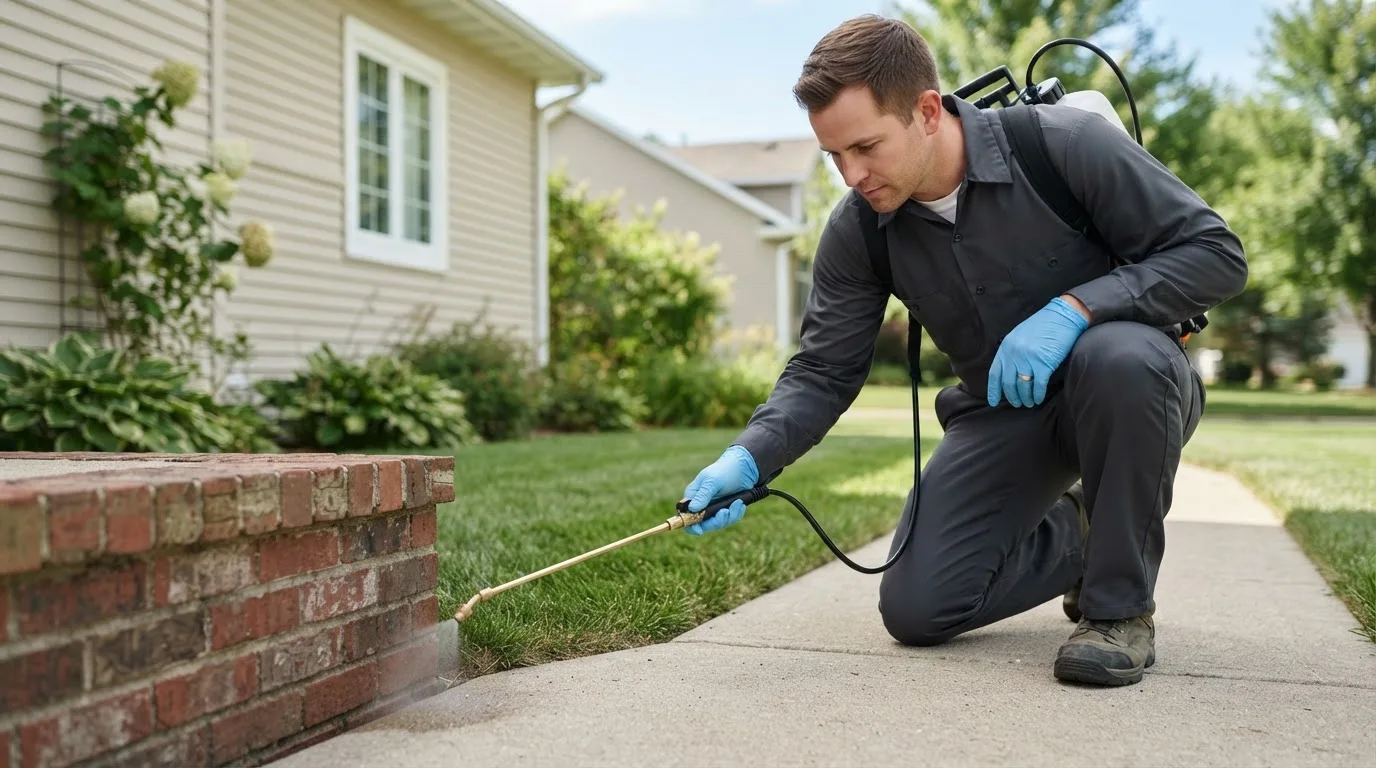Pest control technician treating a home near Ina, IL