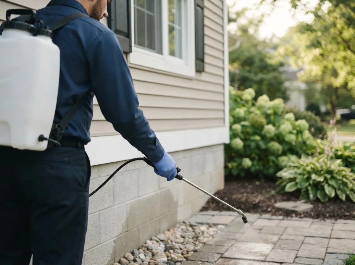 Pest control technician inspecting a home in Ina, IL